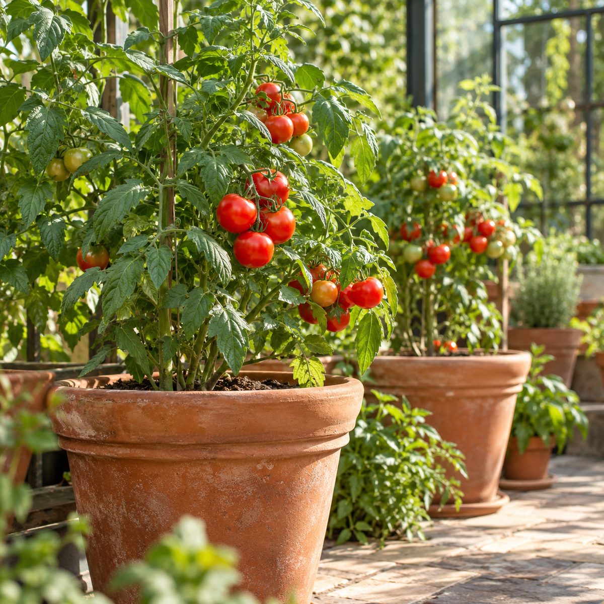 Tomates en un huerto de macetas